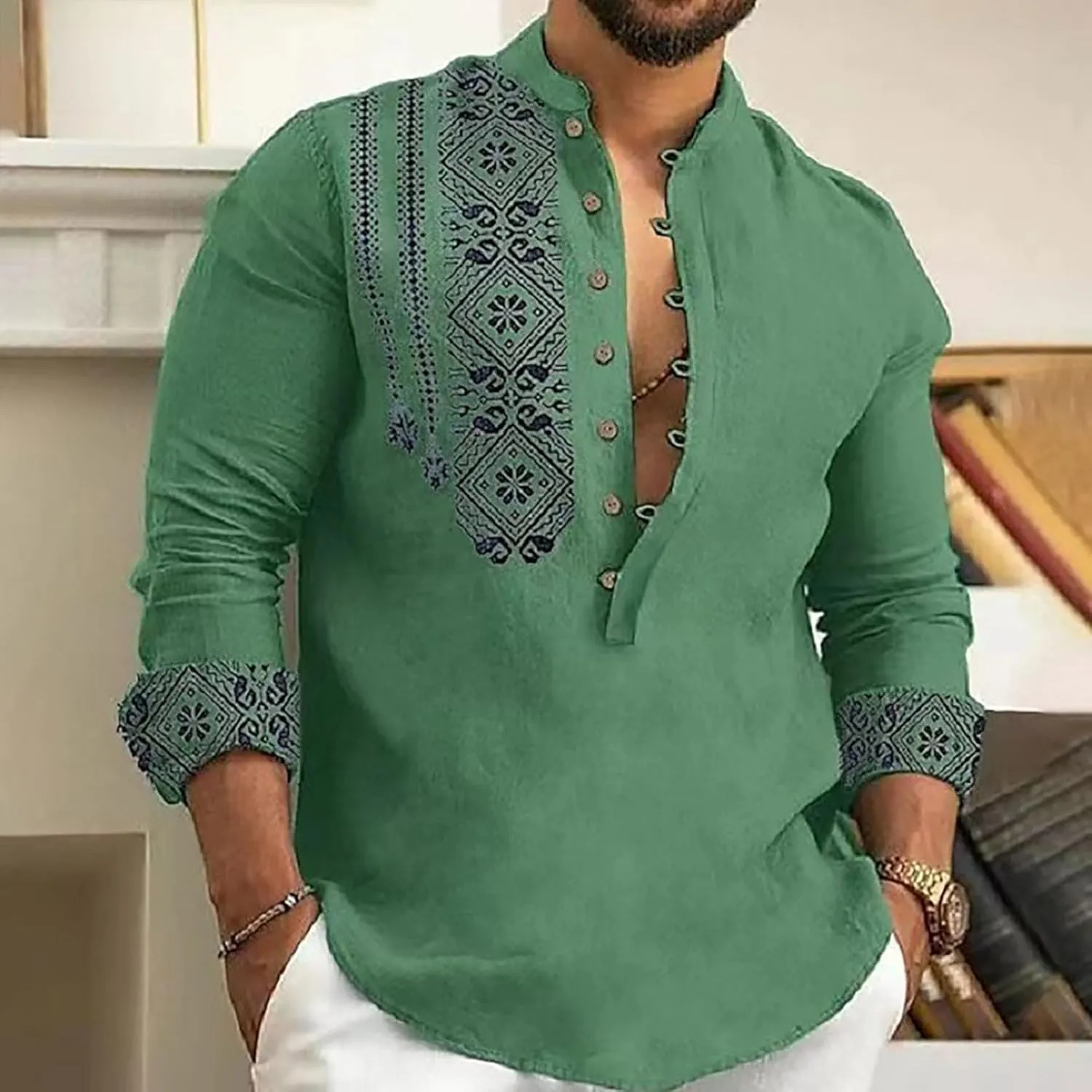 Mens Button Up Cotton Linen Henley Shirt Long Sleeve Hippie Casual African Print Tshirts Band Collar Beach Fall Tops