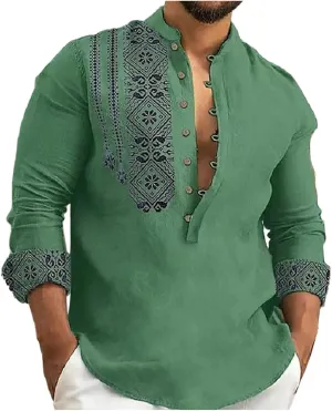 Mens Button Up Cotton Linen Henley Shirt Long Sleeve Hippie Casual African Print Tshirts Band Collar Beach Fall Tops