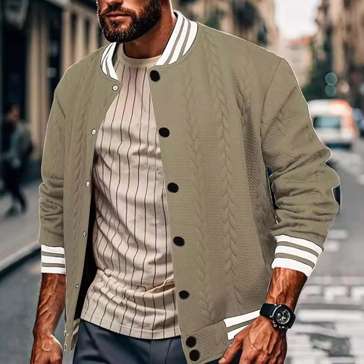 Mens Cable Knitted Cardigan Sweaters Trendy Button Down Varsity Jackets Fall Winter Oversize Thicken Thermal Coat Top