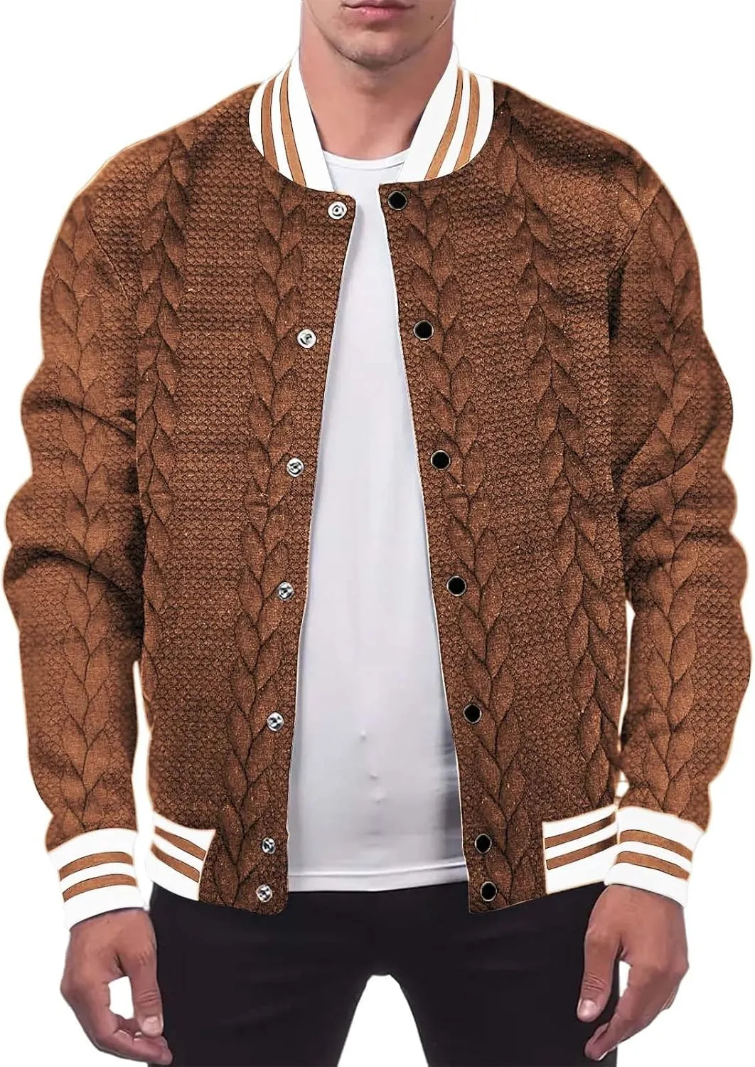 Mens Cable Knitted Cardigan Sweaters Trendy Button Down Varsity Jackets Fall Winter Oversize Thicken Thermal Coat Top