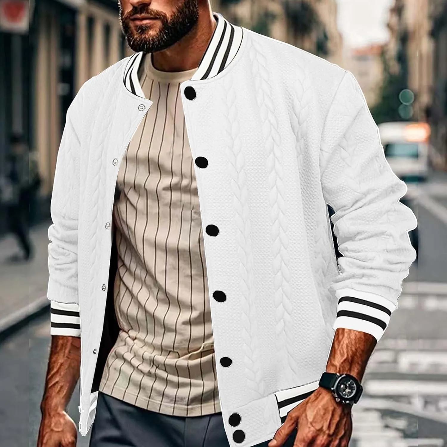 Mens Cable Knitted Cardigan Sweaters Trendy Button Down Varsity Jackets Fall Winter Oversize Thicken Thermal Coat Top