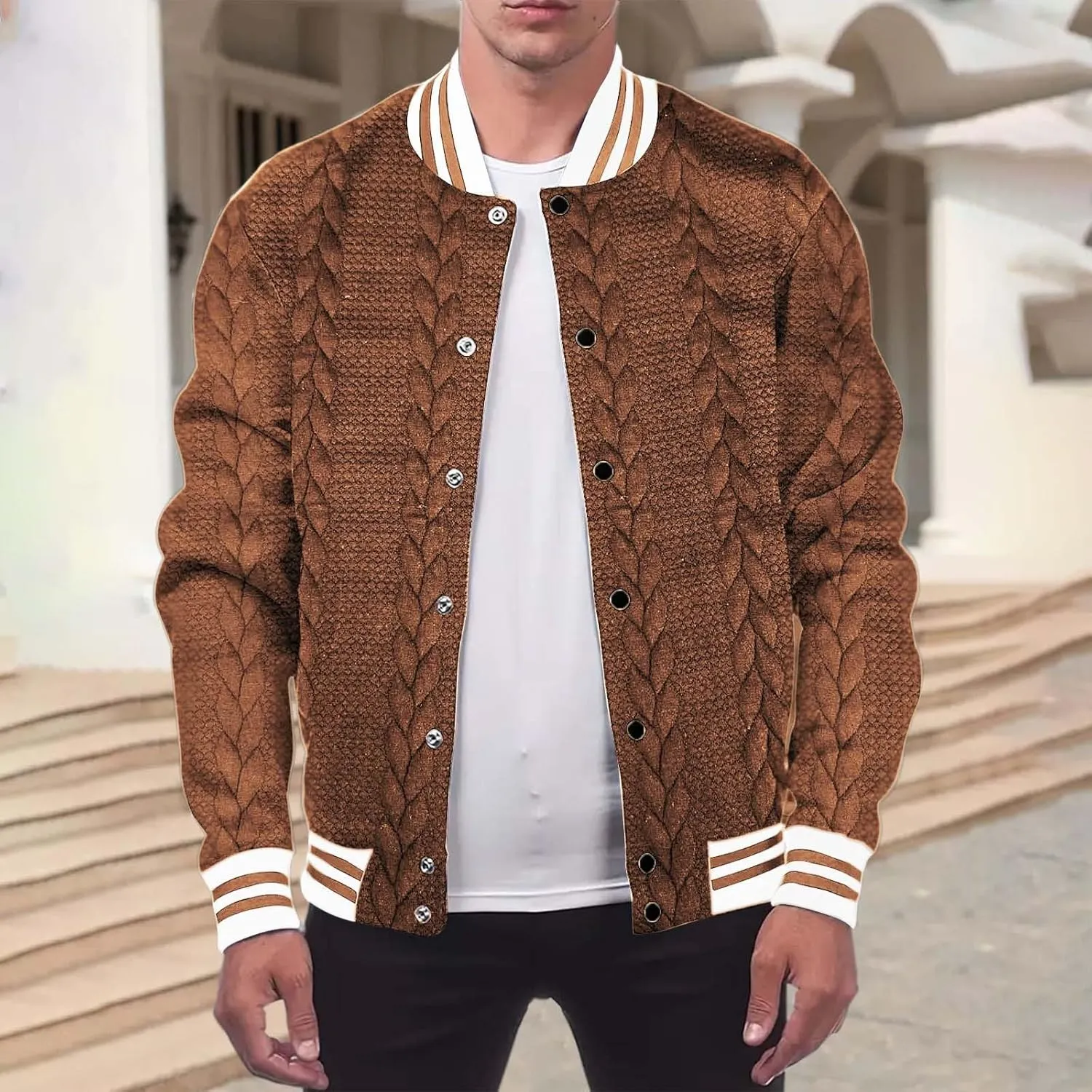 Mens Cable Knitted Cardigan Sweaters Trendy Button Down Varsity Jackets Fall Winter Oversize Thicken Thermal Coat Top