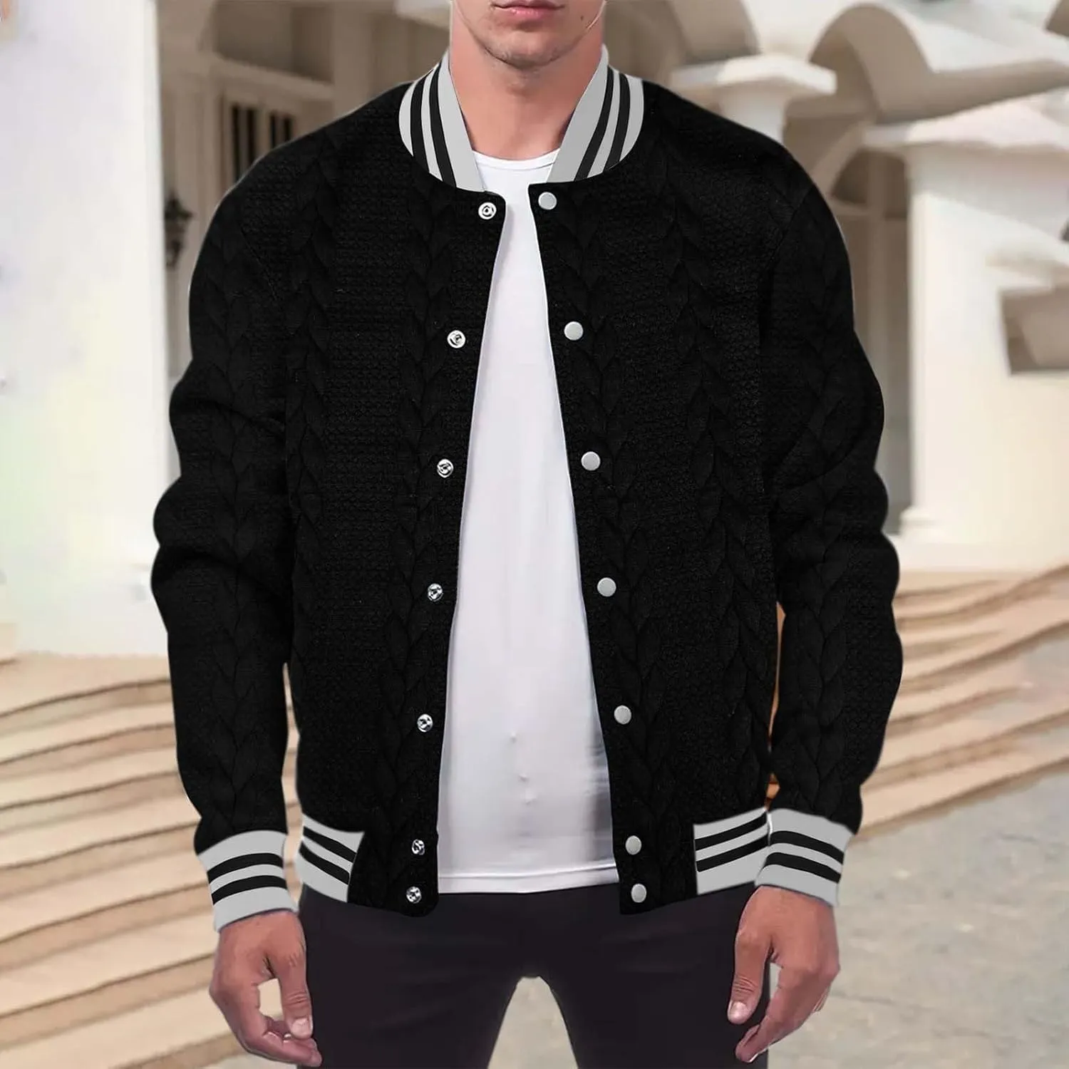 Mens Cable Knitted Cardigan Sweaters Trendy Button Down Varsity Jackets Fall Winter Oversize Thicken Thermal Coat Top