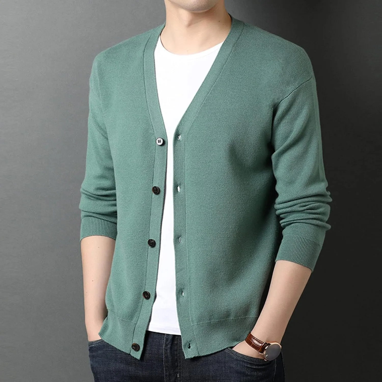 Men's Cardigan Button Down Knit Sweater Lightweight Long Sleeve V Neck Casual Knitwear Solid Color Chunky Outwear