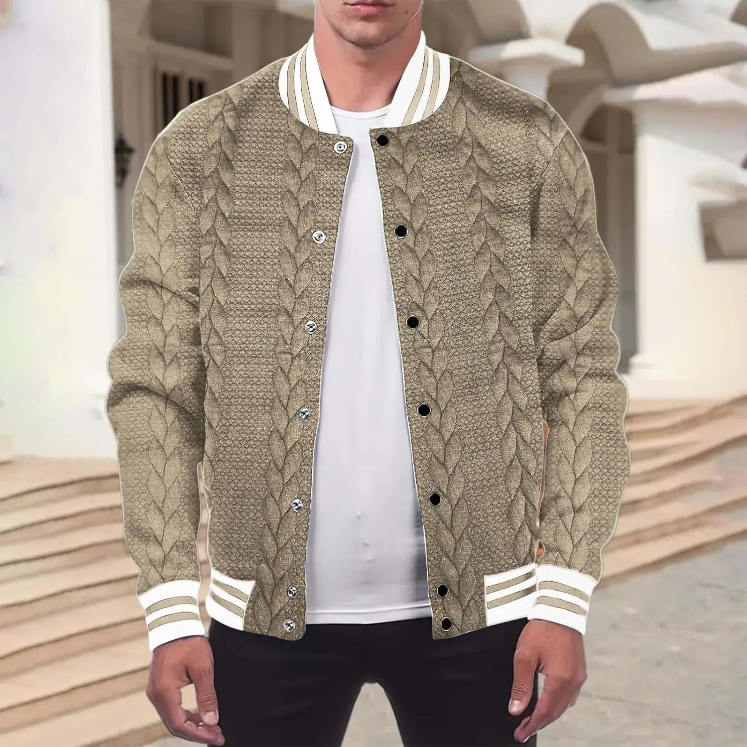 Mens Cardigan Sweaters Oversize Fall Winter Thermal Button Down Cable Knitted Sweater Casual Trendy Varsity Jackets