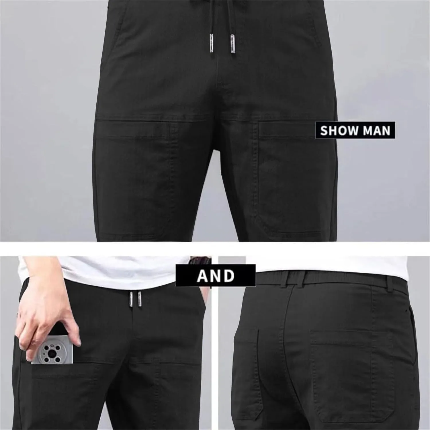 Mens Cargo Pants Plus Size Relaxed fit Stretchy Casual Hiking Pants Elastic Waist Drawstring Multi-Pocket Work Pants