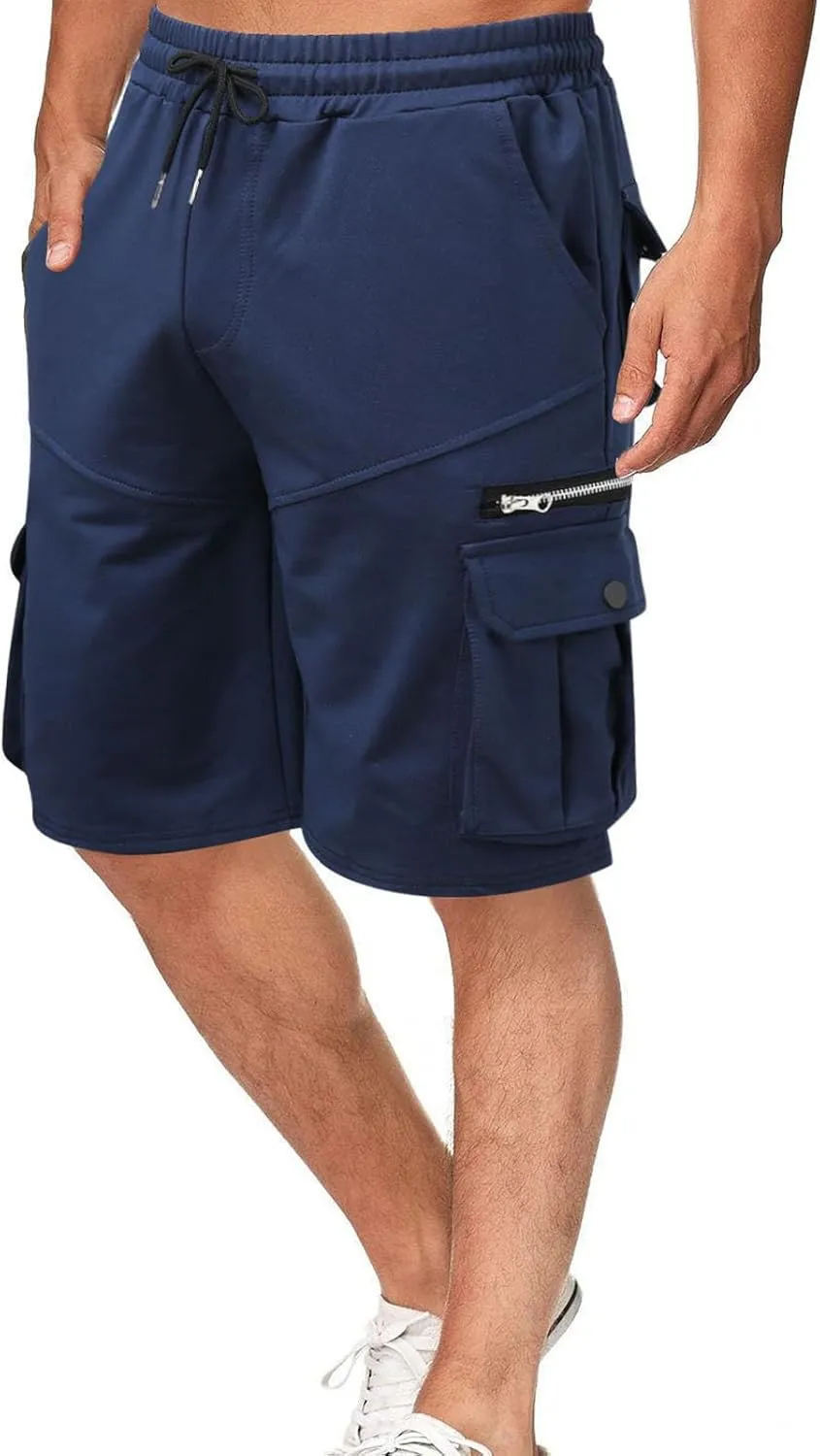 Men's Cargo Shorts Casual Twill Elastic Waisted Capri Pants Relaxed Fit Below Knee Long Shorts with Multiple Pockets