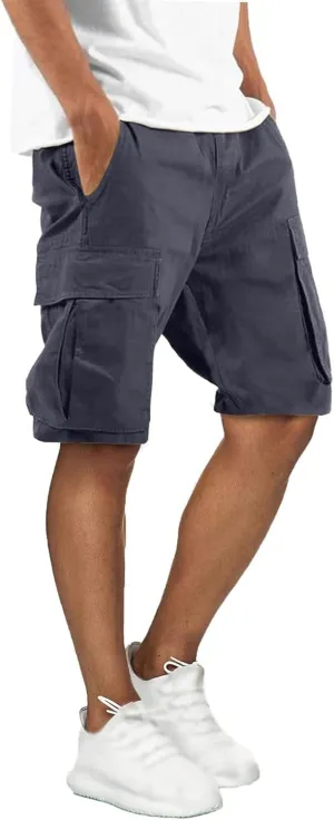 Men's Cargo Shorts Elastic Waist Tactical Shorts Solid Stretchy Jogging Pants Lightweight Straight Pants with Pockets