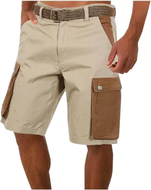 Mens Cargo Shorts Linen Drawstring Straight Casual Bottoms with Multiple Pockets Fashion Patchwork Beach Shorts