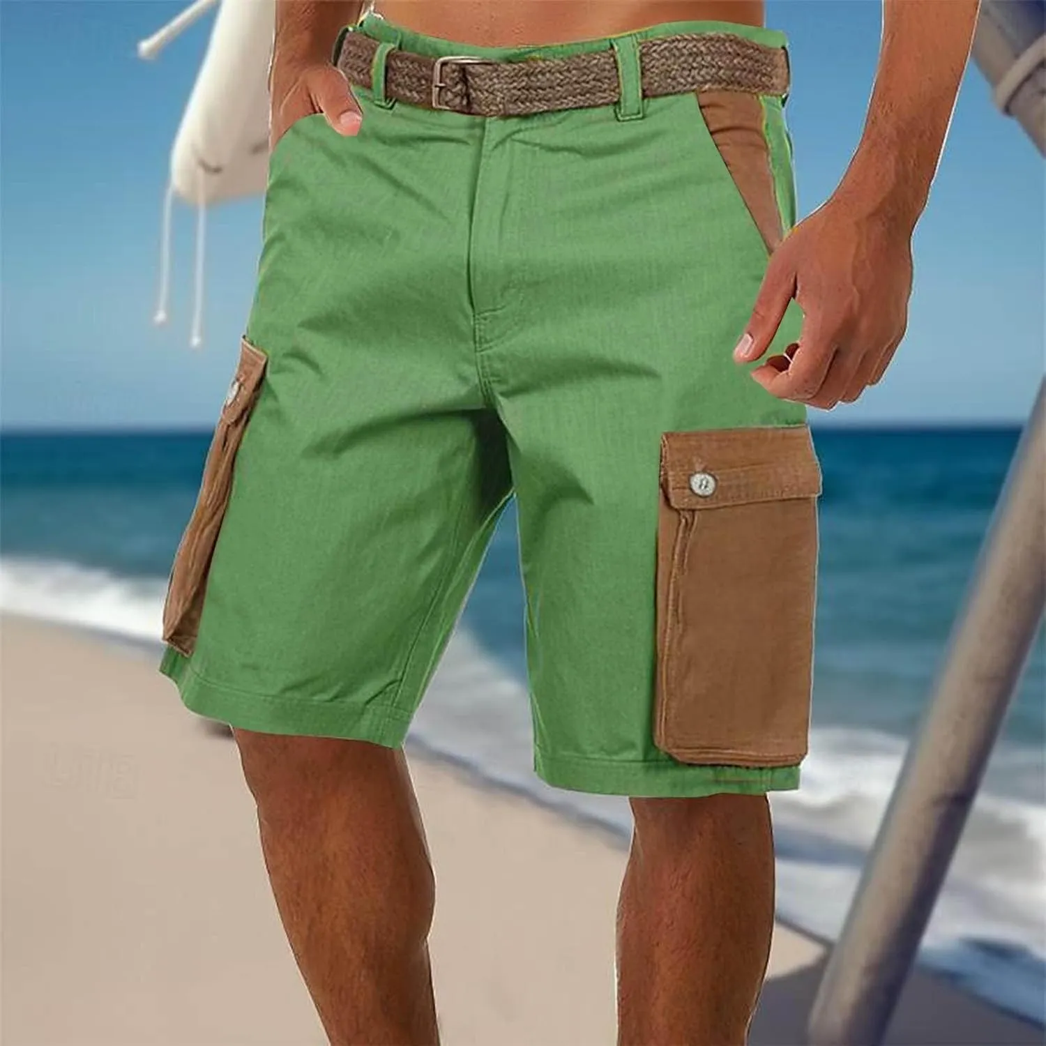 Mens Cargo Shorts Linen Drawstring Straight Casual Bottoms with Multiple Pockets Fashion Patchwork Beach Shorts