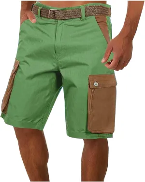 Mens Cargo Shorts Linen Drawstring Straight Casual Bottoms with Multiple Pockets Fashion Patchwork Beach Shorts