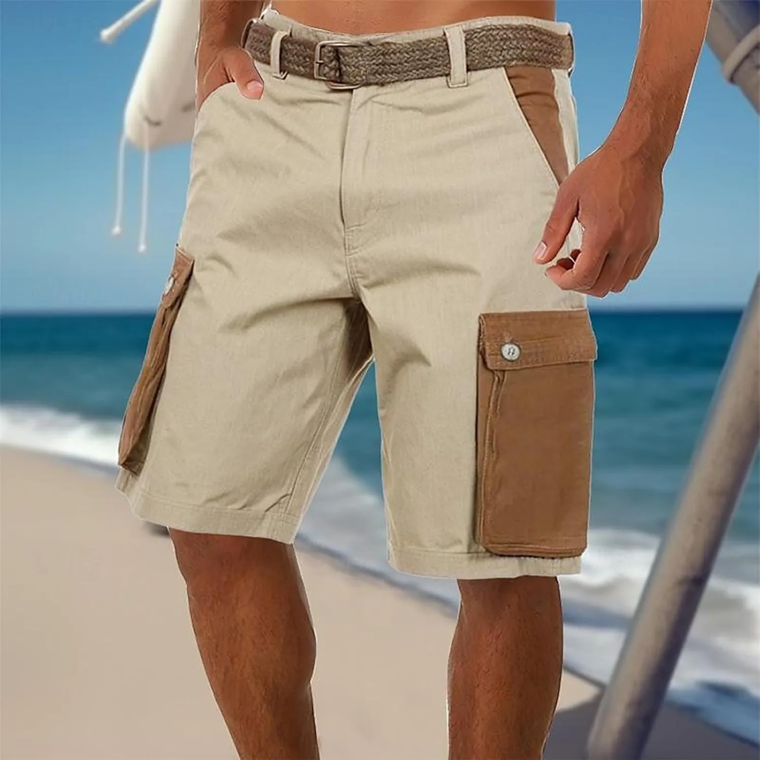 Mens Cargo Shorts Linen Drawstring Straight Casual Bottoms with Multiple Pockets Fashion Patchwork Beach Shorts