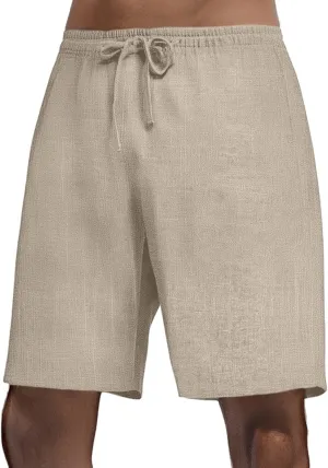 Mens Casual Cotton Linen Shorts - Elastic Waist Drawstring Summer Beach Shorts with Pockets, Light Weight Workout Pants