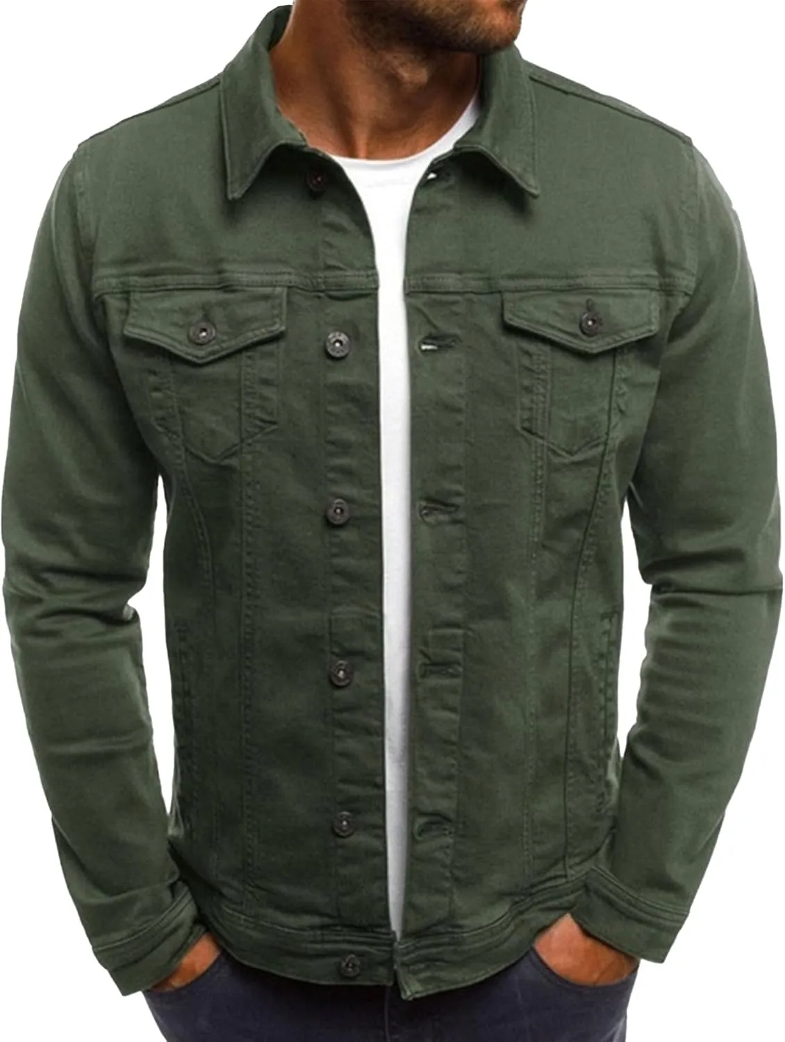Men's Casual Denim Jacket Button Down Long Sleeve Trucker Jacket Solid Color Slim Fit Fashion Jean Coat