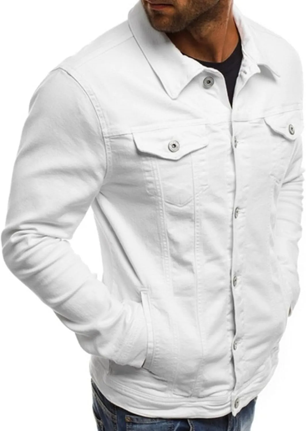 Men's Casual Denim Jacket Button Down Long Sleeve Trucker Jacket Solid Color Slim Fit Fashion Jean Coat