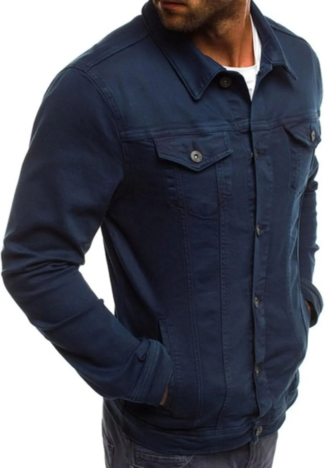 Men's Casual Denim Jacket Button Down Long Sleeve Trucker Jacket Solid Color Slim Fit Fashion Jean Coat