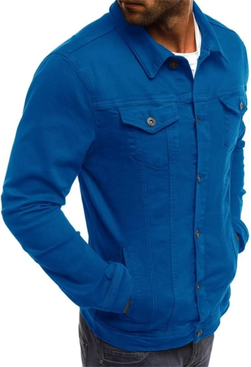 Men's Casual Denim Jacket Button Down Long Sleeve Trucker Jacket Solid Color Slim Fit Fashion Jean Coat