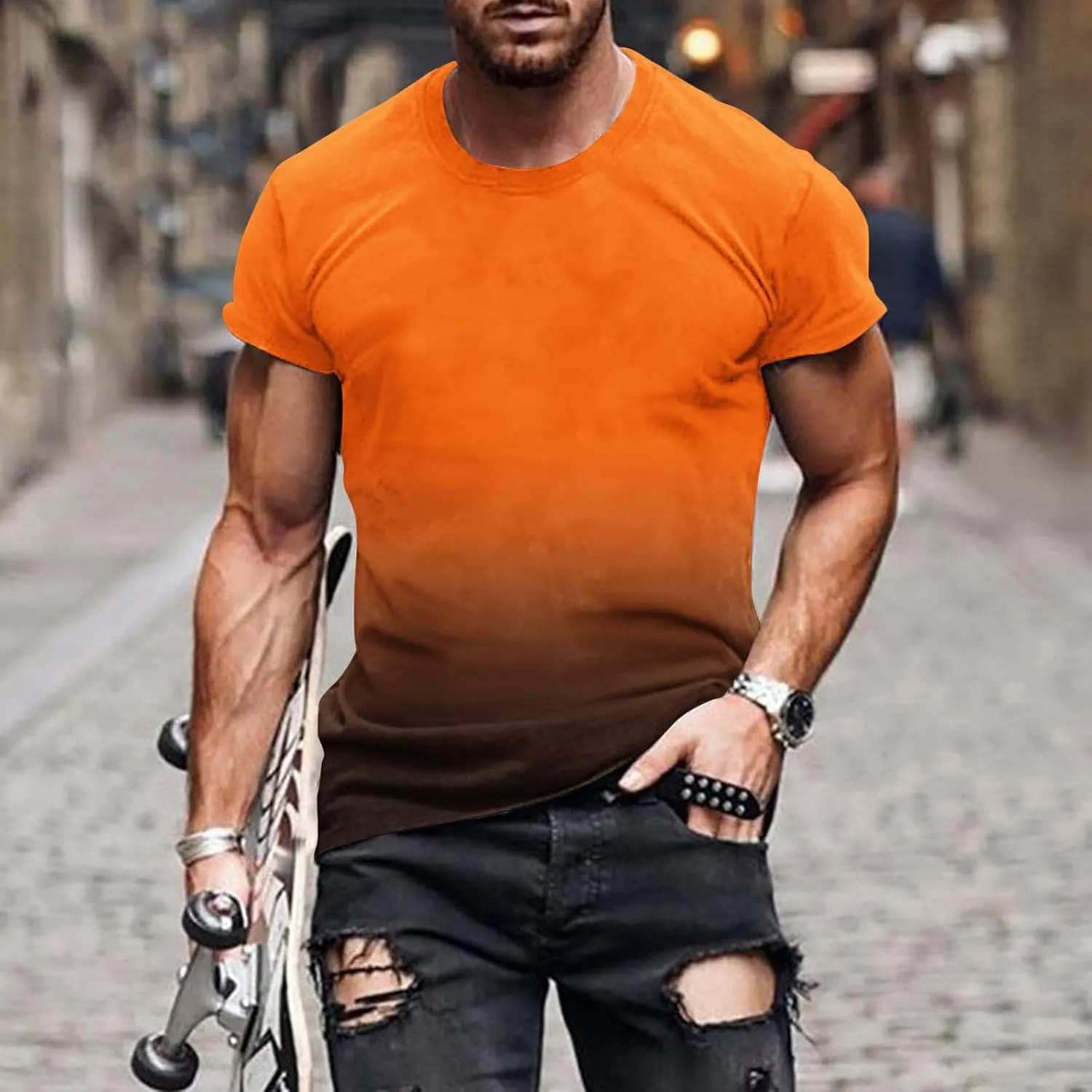 Men's Casual Printed Short Sleeve T Shirt Lightweight Gradient Crewneck Tees Summer Fashion Athletic Gym Tee Shirts