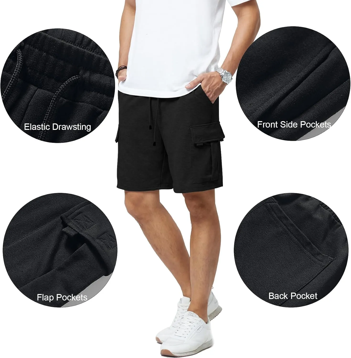 Mens Casual Sweat Cargo Cotton Shorts Drawstring Elastic Waist Athletic Workout Gym Jogger Shorts with 5 Pockets