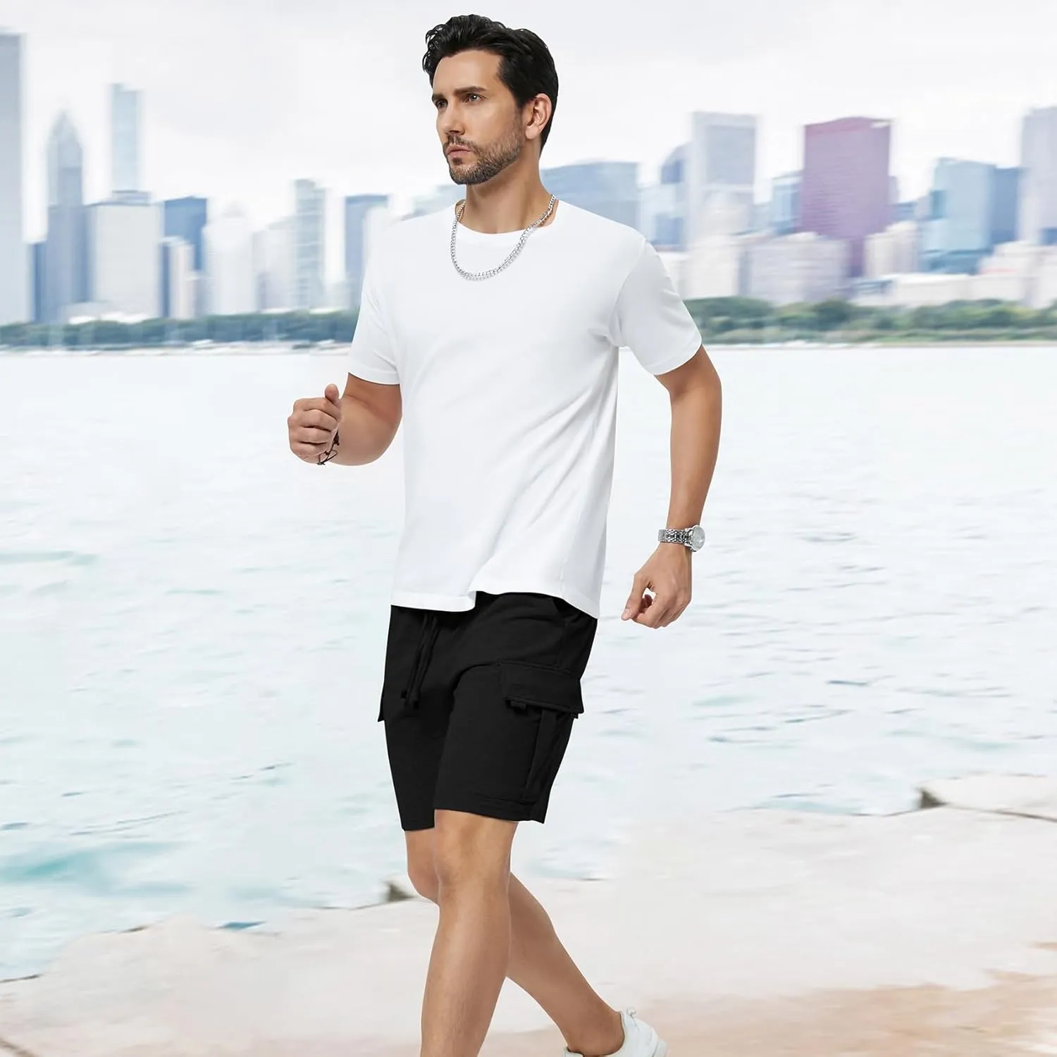 Mens Casual Sweat Cargo Cotton Shorts Drawstring Elastic Waist Athletic Workout Gym Jogger Shorts with 5 Pockets