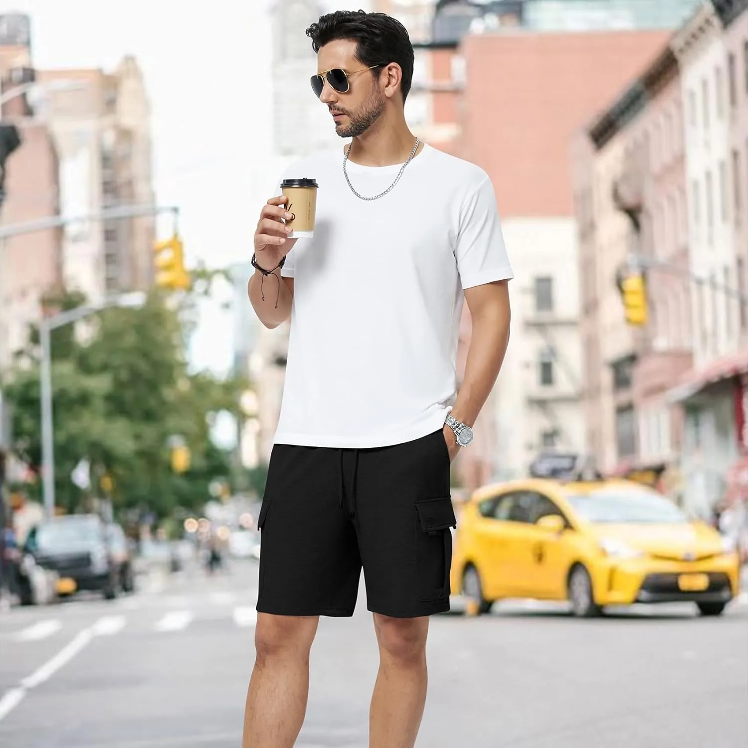 Mens Casual Sweat Cargo Cotton Shorts Drawstring Elastic Waist Athletic Workout Gym Jogger Shorts with 5 Pockets