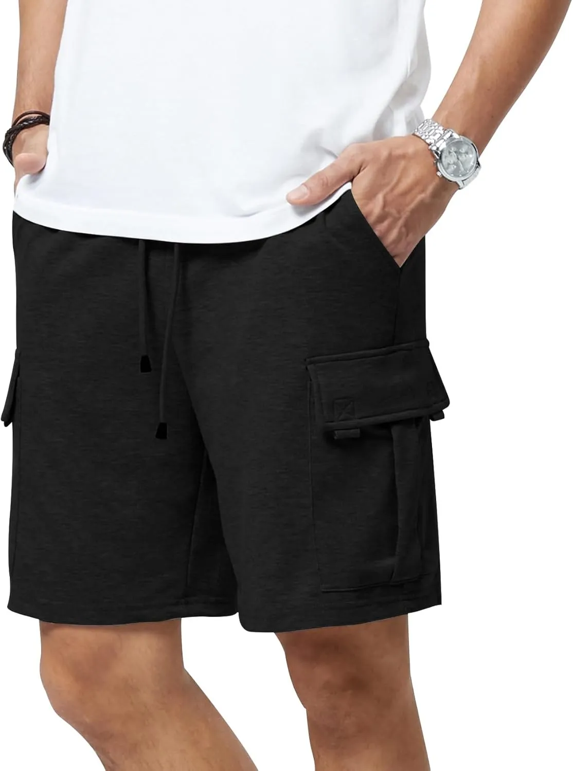 Mens Casual Sweat Cargo Cotton Shorts Drawstring Elastic Waist Athletic Workout Gym Jogger Shorts with 5 Pockets