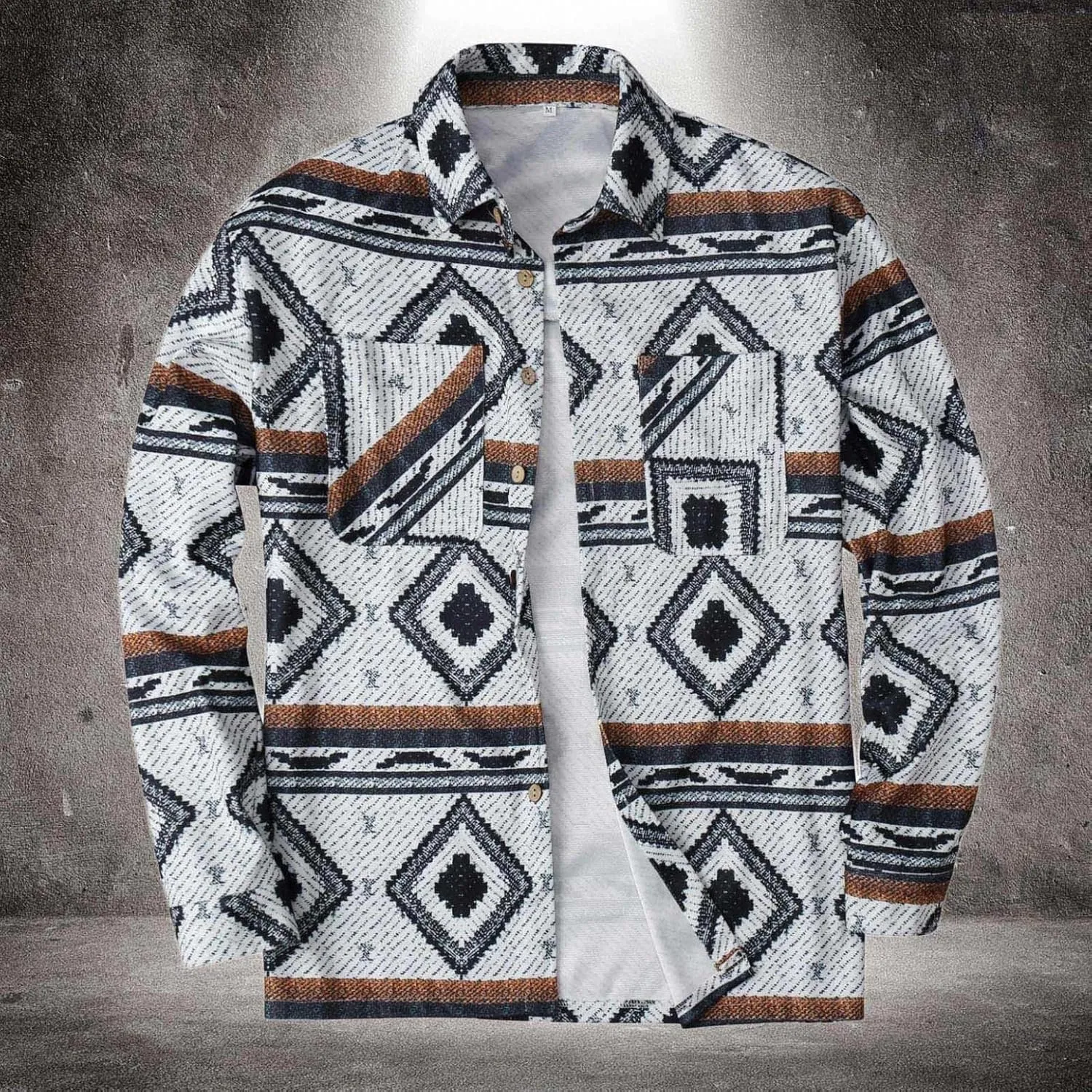 Mens Casual Tribal Aztec Print Shacket Button Down Long Sleeve Varsity Jackets Lapel Collar Graphic Flannel Shirts
