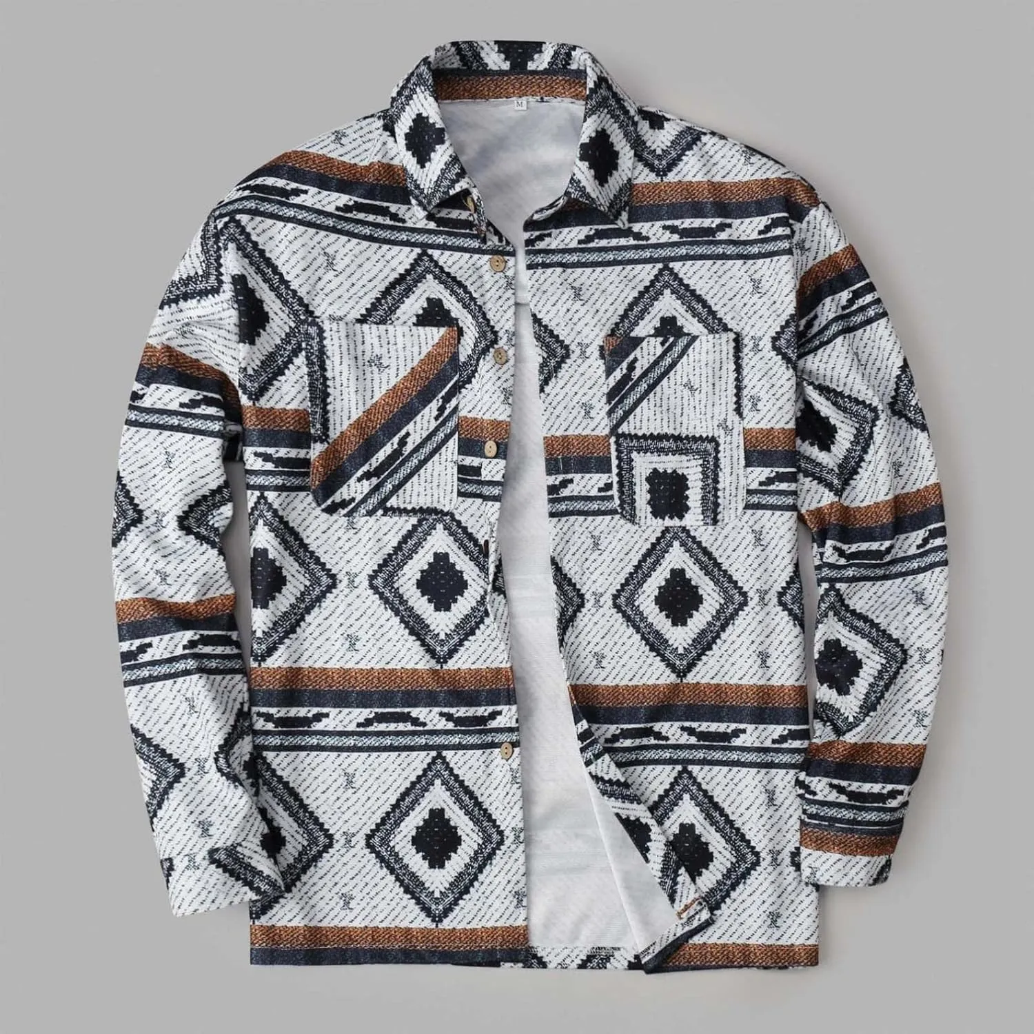Mens Casual Tribal Aztec Print Shacket Button Down Long Sleeve Varsity Jackets Lapel Collar Graphic Flannel Shirts