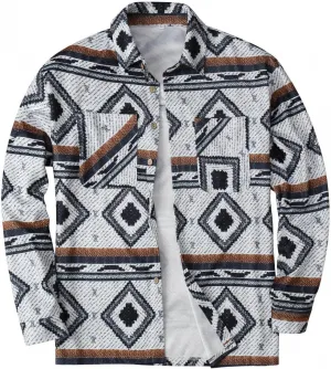 Mens Casual Tribal Aztec Print Shacket Button Down Long Sleeve Varsity Jackets Lapel Collar Graphic Flannel Shirts