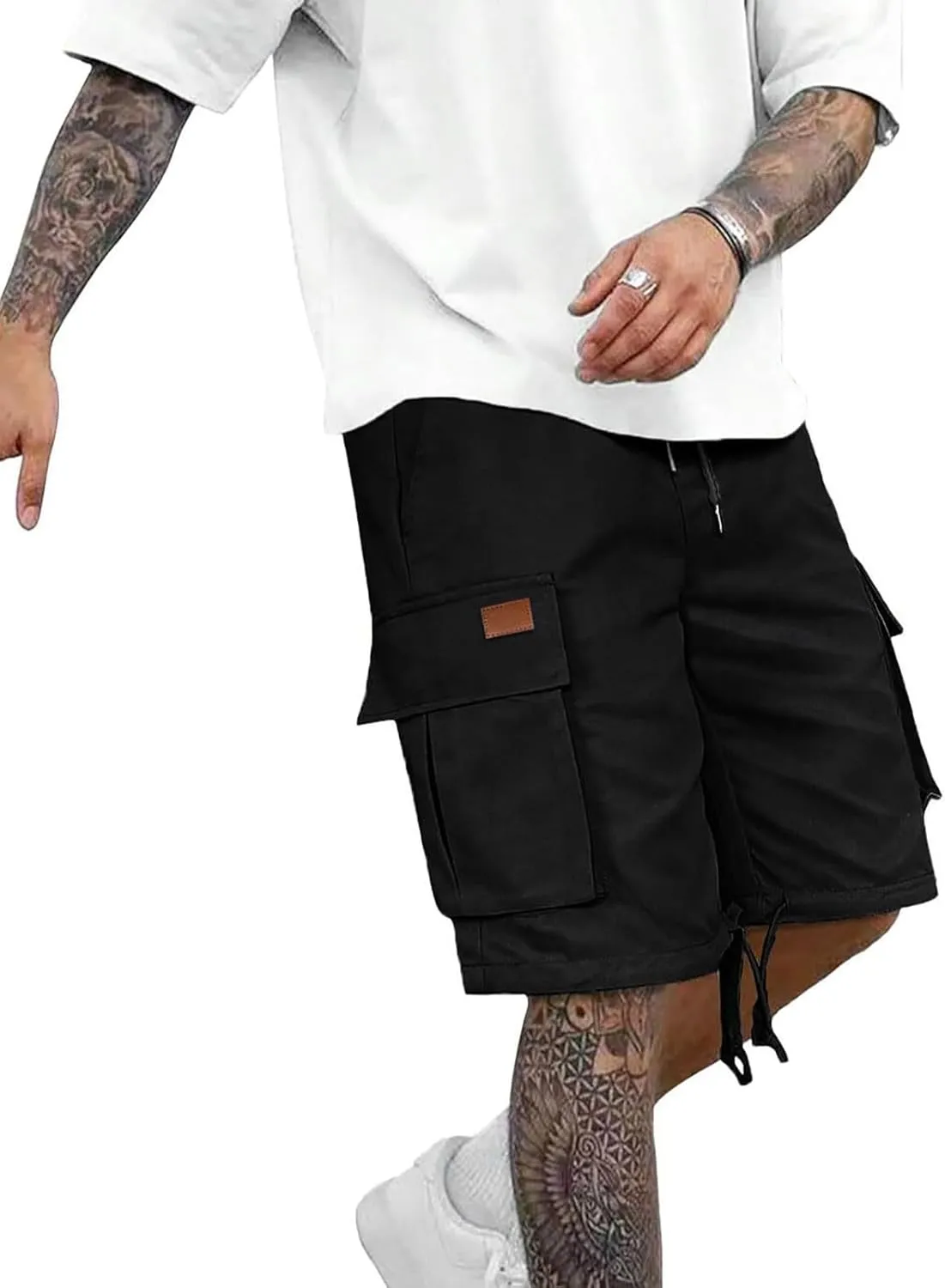 Mens Chino Shorts Sports Gym Training Knee Length Long Shorts Slim Fit Casual Elastic Waist Half Pants with Pockets