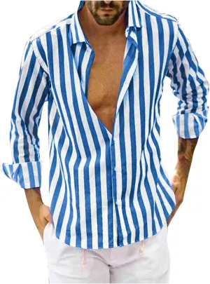 Men's Classic Vertical Striped Shirts Button Down Long Sleeve Regular Fit Poplin Dress Shirt Big Tall Casual Oxford Tops Blue