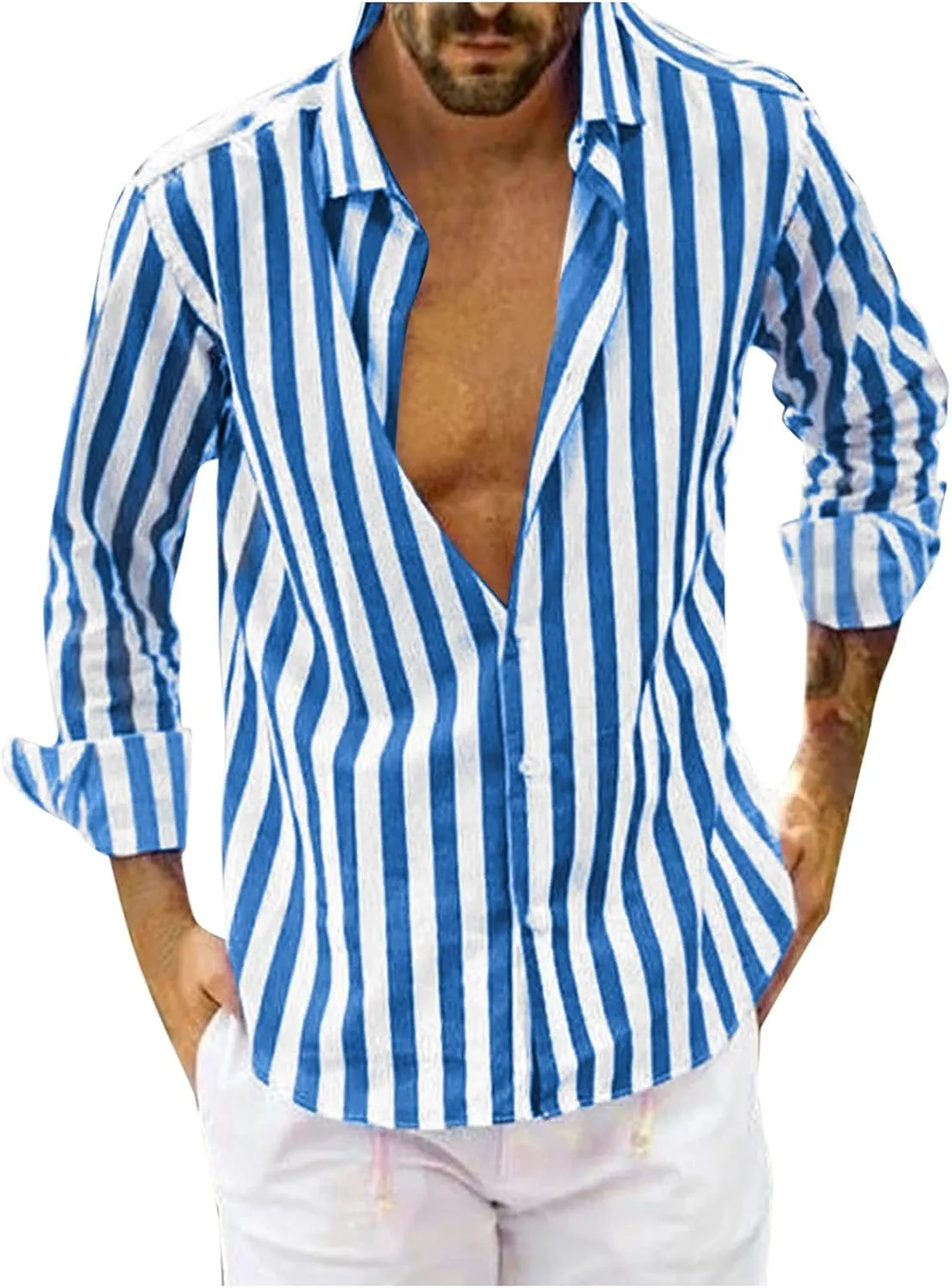 Men's Classic Vertical Striped Shirts Button Down Long Sleeve Regular Fit Poplin Dress Shirt Big Tall Casual Oxford Tops Blue