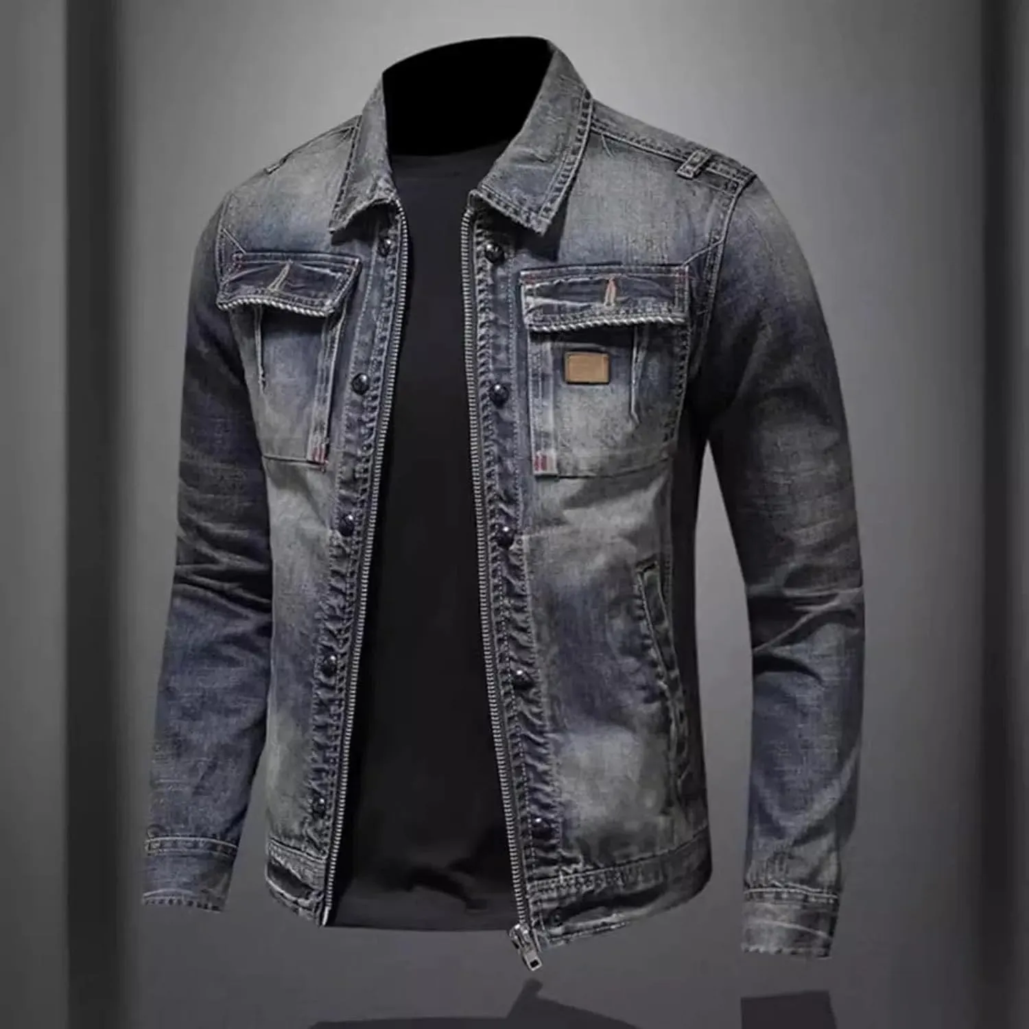 Men's Classic Vintage Denim Jacket Men Classic Slim Fit Denim Coat With Zip Lightweight Sport Coats