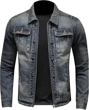 Men's Classic Vintage Denim Jacket Men Classic Slim Fit Denim Coat With Zip Lightweight Sport Coats