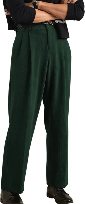 Mens Corduroy Pants Vintage Casual Straight Leg Classic Fit Pleated Dress Pants