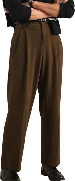 Mens Corduroy Pants Vintage Casual Straight Leg Classic Fit Pleated Dress Pants
