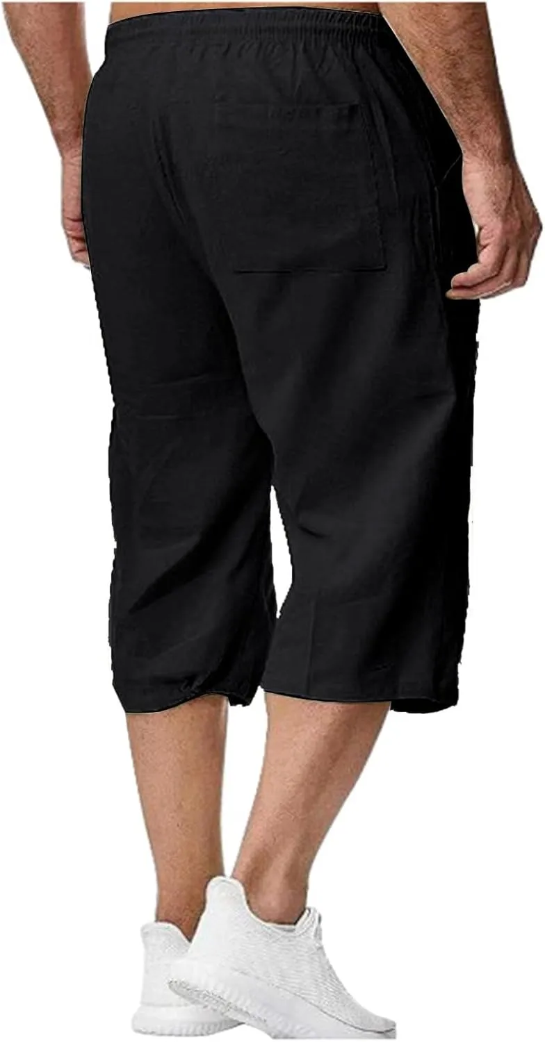 Men's Cotton Linen Lounge Shorts 3/4 Length Drawstring Waist Baggy Capri Pants for Summer Casual Sport