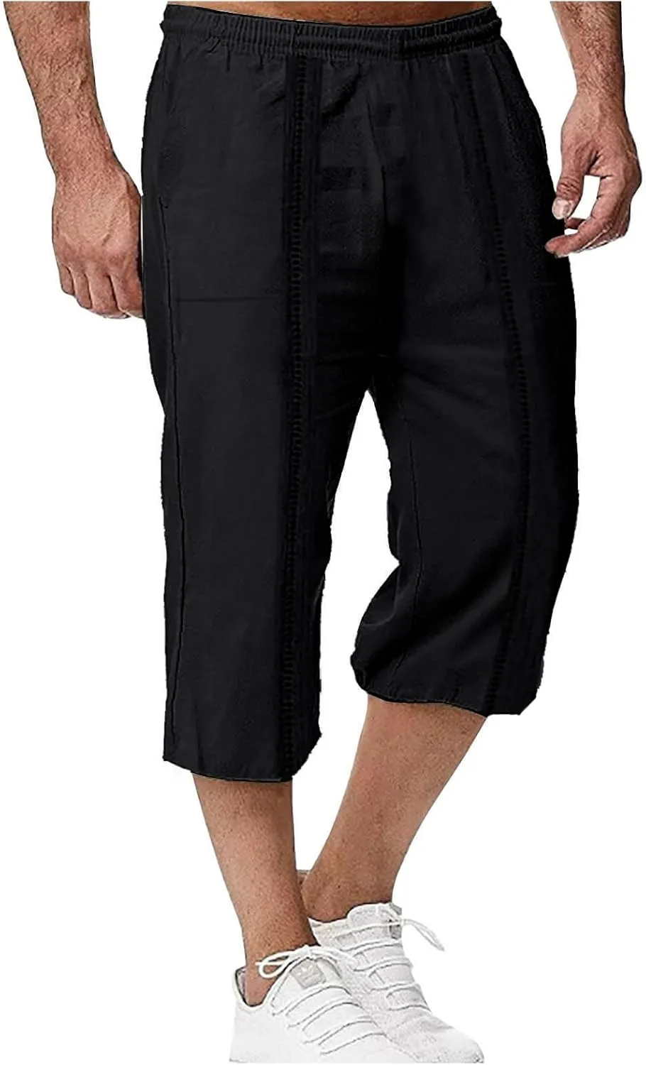 Men's Cotton Linen Lounge Shorts 3/4 Length Drawstring Waist Baggy Capri Pants for Summer Casual Sport