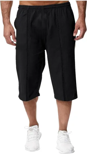 Men's Cotton Linen Lounge Shorts 3/4 Length Drawstring Waist Baggy Capri Pants for Summer Casual Sport