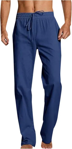 Mens Cotton Linen Pants Summer Elastic Drawstring Waist Straight Legs Beach Pant Plus Size Loose Fit Casual Trousers
