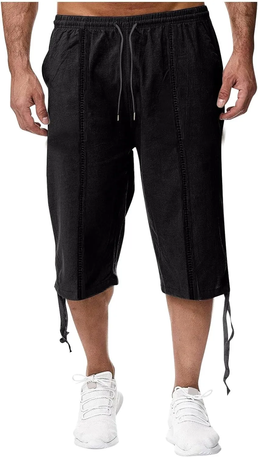 Mens Cotton Linen Shorts Casual Summer Beach Capri Pants Athletic Gym Workout Shorts with Pockets