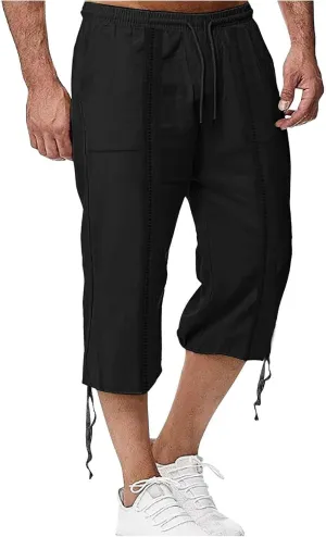 Mens Cotton Linen Shorts Casual Summer Beach Capri Pants Athletic Gym Workout Shorts with Pockets