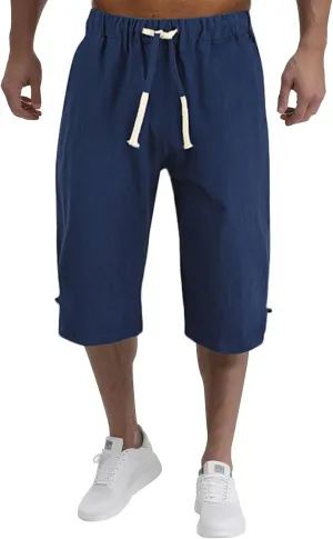 Mens Cotton Linen Shorts Casual Summer Beach Capri Pants Athletic Gym Workout Shorts with Pockets
