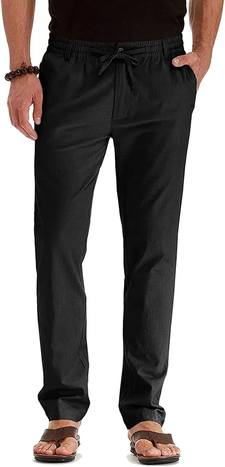 Mens Cotton Linen Trousers Drawstring Elastic Waist Pants Casual Beach Pants Baggy Lounge Straight Leg Pants with Pockets