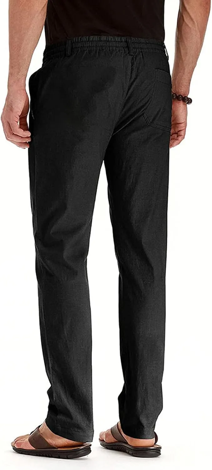 Mens Cotton Linen Trousers Drawstring Elastic Waist Pants Casual Beach Pants Baggy Lounge Straight Leg Pants with Pockets