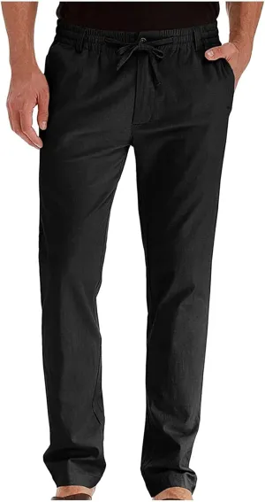 Mens Cotton Linen Trousers Drawstring Elastic Waist Pants Casual Beach Pants Baggy Lounge Straight Leg Pants with Pockets