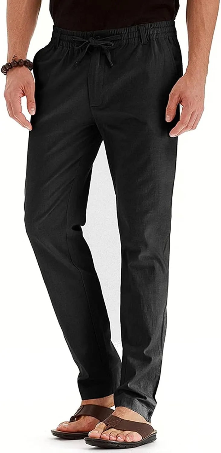 Mens Cotton Linen Trousers Drawstring Elastic Waist Pants Casual Beach Pants Baggy Lounge Straight Leg Pants with Pockets
