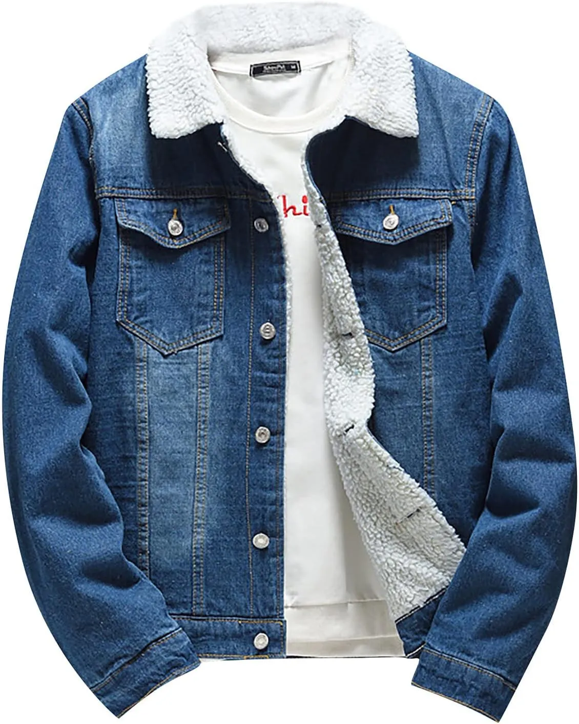 Mens Denim Jacket Winter Lapel Sherpa Fleece Lined Thicken Casual Stylish Warm Button Trucker Jean Jackets Coats, L-6XL