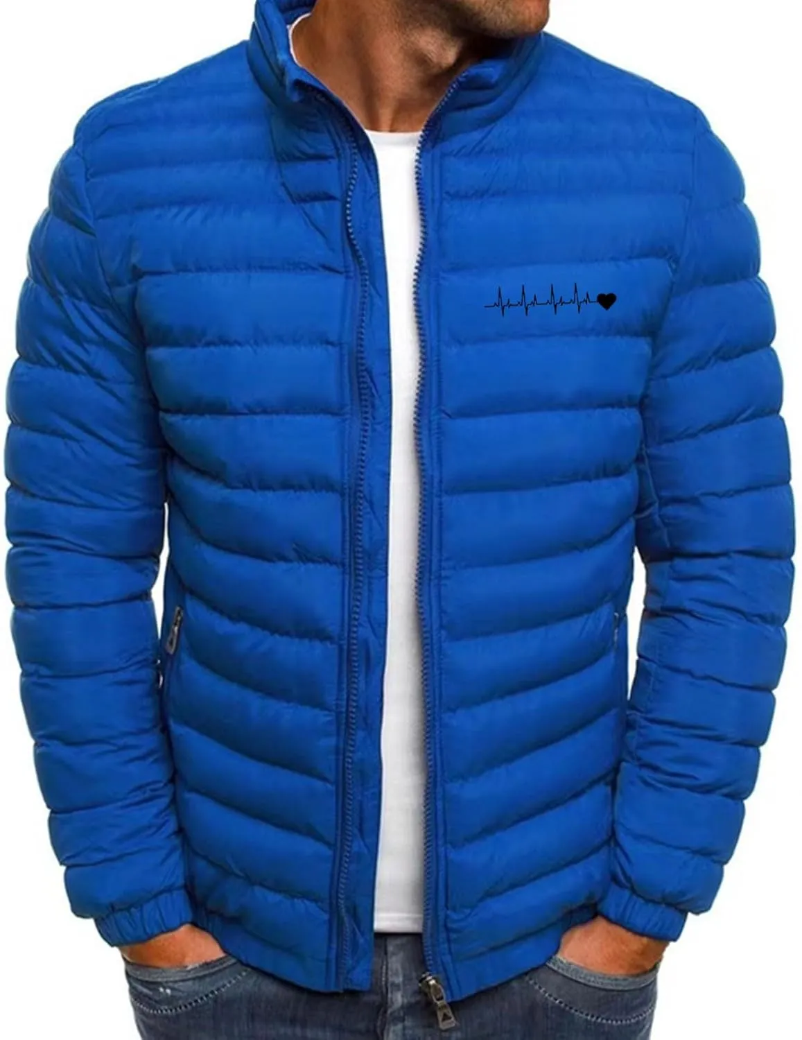 Men's Down Puffer Jacket ECG Love Printed Winter Warm Coats Packable Waterproof Outerwear