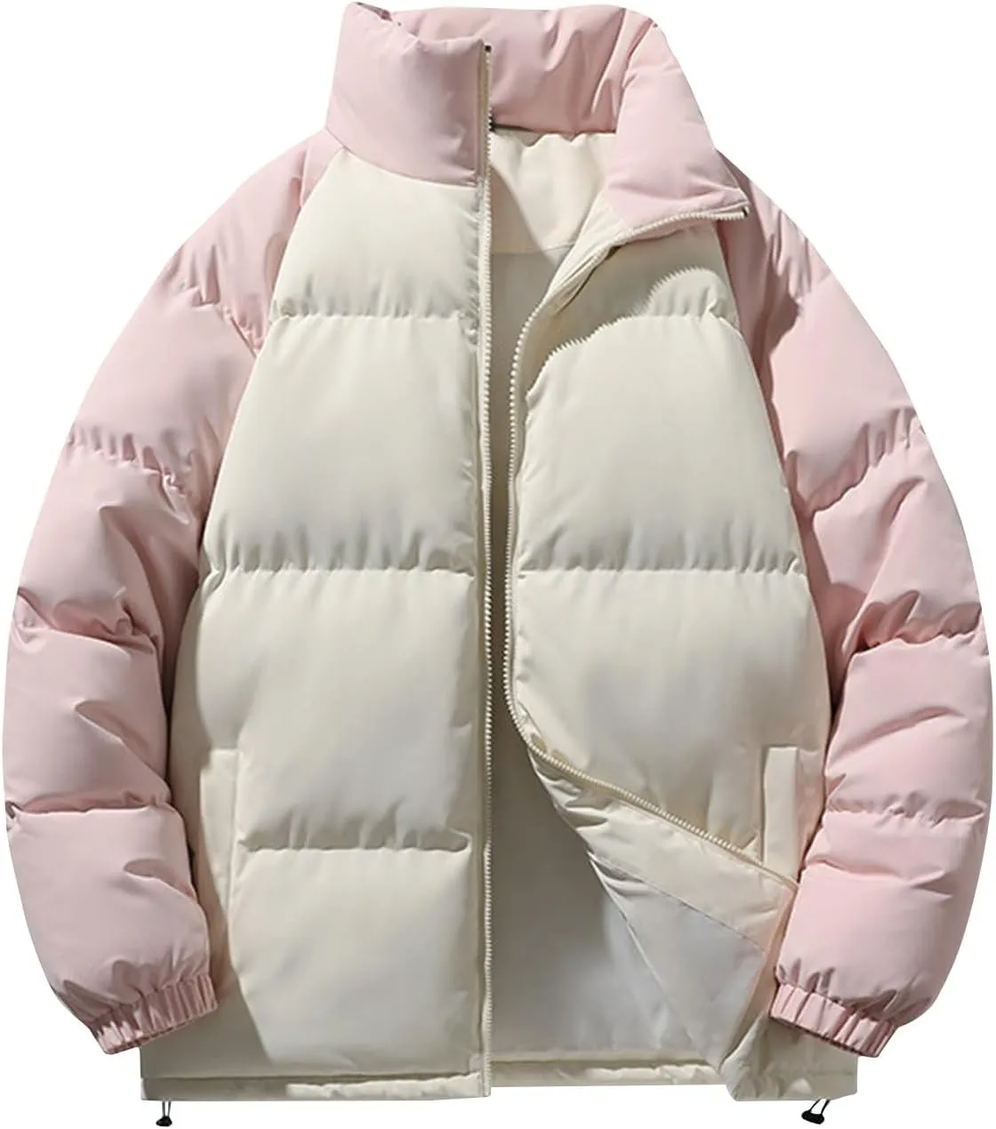 Men's Down Puffer Jacket Winter Warm Coats Color Block Stand Collar Cotton Padded Windproof Outerwear